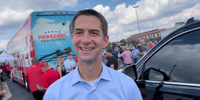 Sen. Tom Cotton speaks with Fox News Digital in Carrollton, Georgia, after teaming up with GOP Senate nominee Herschel Walker at a campaign event, on Oct. 11, 2022.