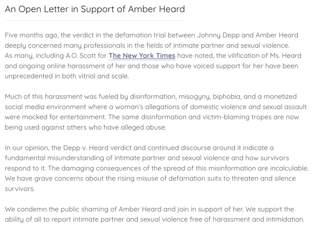 The full open letter to Amber Heard.