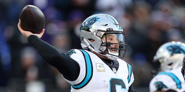 Baker Mayfield of the Carolina Panthers passes during the third quarter against the Baltimore Ravens, Nov. 20, 2022, in Baltimore, Maryland.