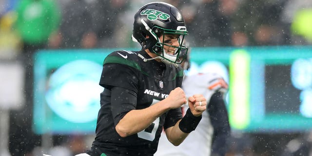 Mike White of the New York Jets celebrates a touchdown against the Chicago Bears at MetLife Stadium on Nov. 27, 2022, in East Rutherford, New Jersey.