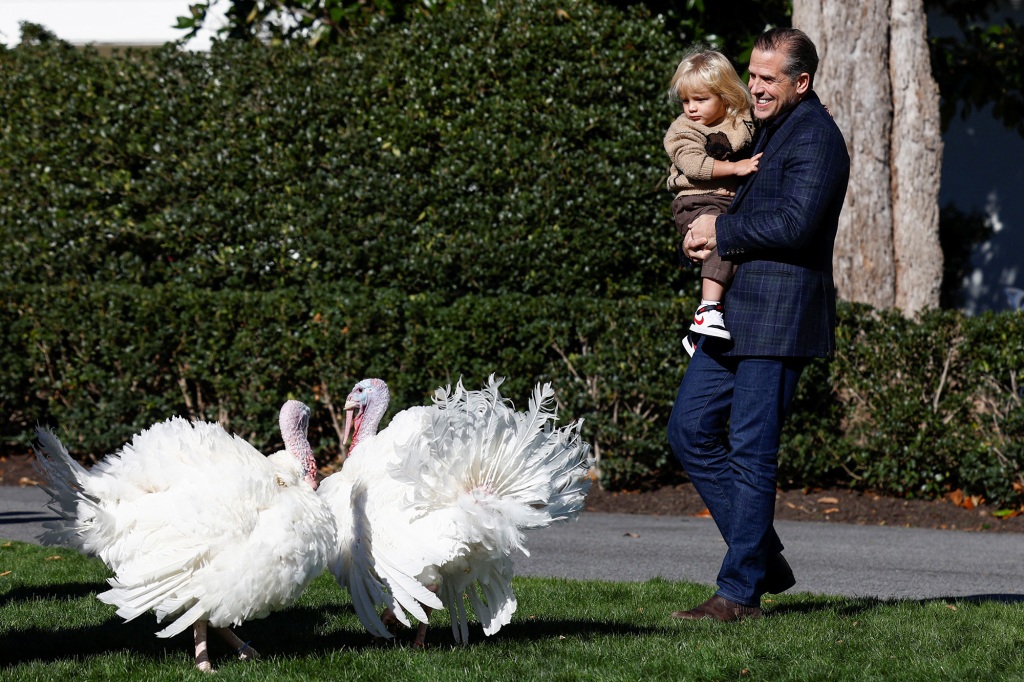 Hunter Biden and his son Beau Biden attend the annual ceremony to pardon Chocolate and Chip, the National Thanksgiving Turkeys.