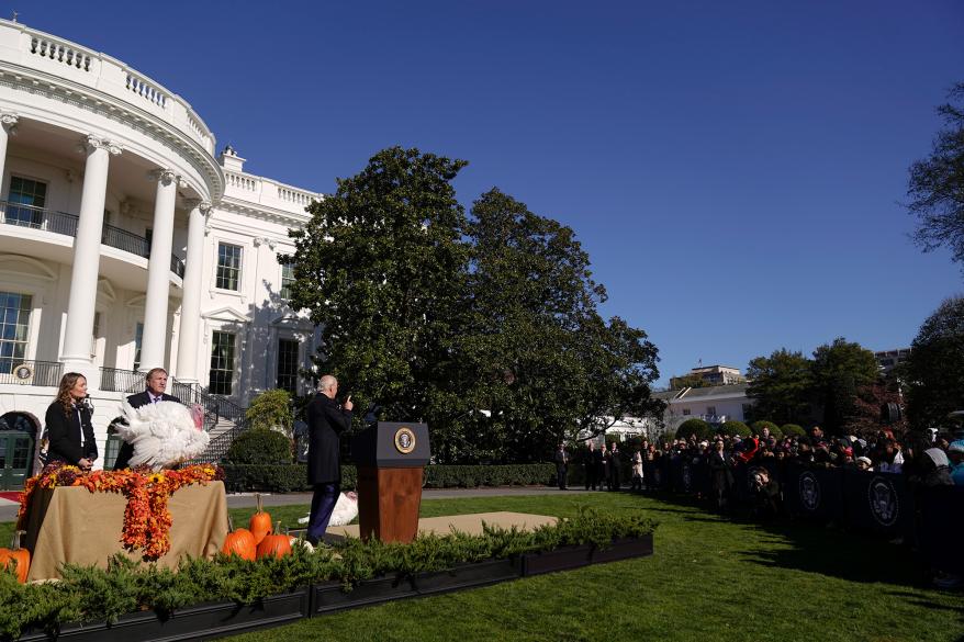 President Joe Biden speaks during a pardoning ceremony for the national Thanksgiving turkeys at the White House.