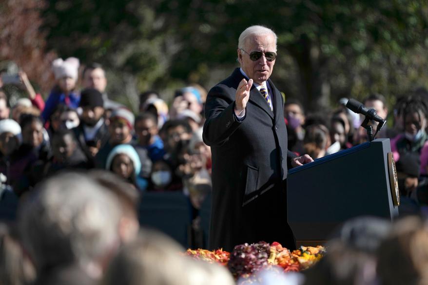 President Joe Biden speaks during a pardoning ceremony for the national Thanksgiving turkeys.