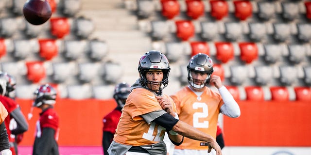 Tom Brady of the Tampa Bay Buccaneers practicing at the FC Bayern Campus Nov. 11, 2022, in Munich, Germany. 