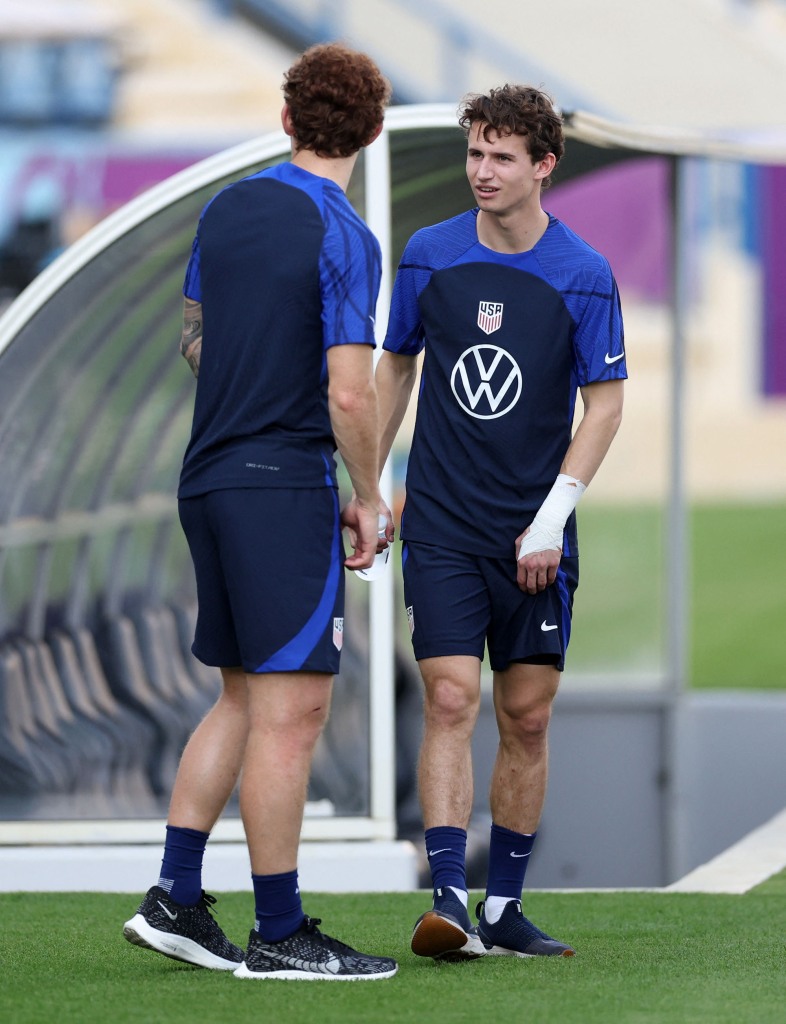 Brenden Aaronson and Josh Sargent of the U.S. during training.