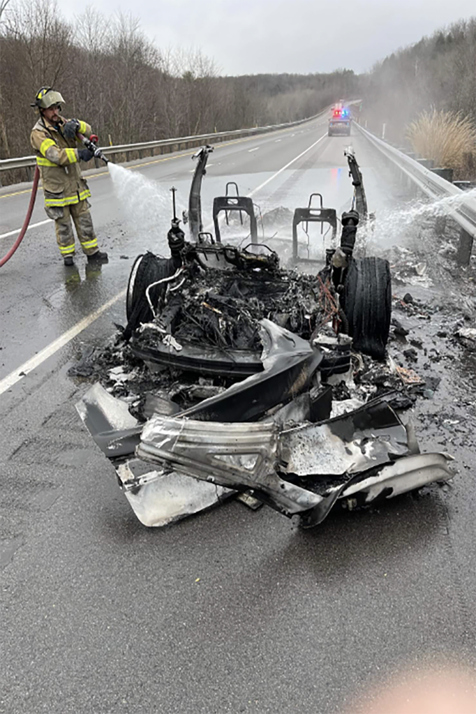 The fire department battled the massive Tesla fire for nearly two hours due to the vehicle's lithium-ion battery.