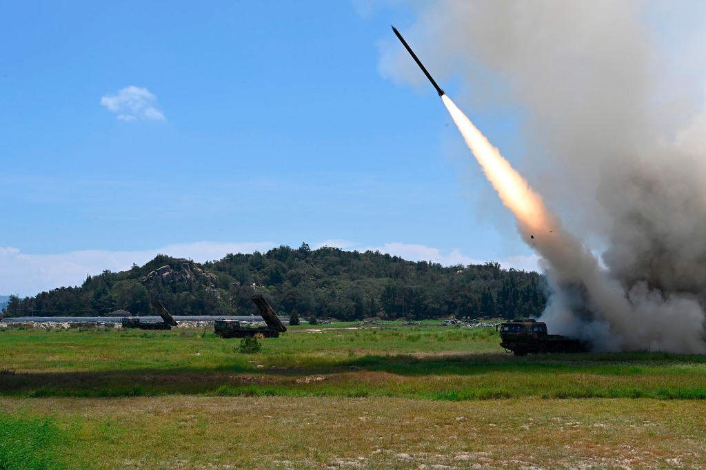 A picture of a projectile being launched in China during a long-range live-fire drills.