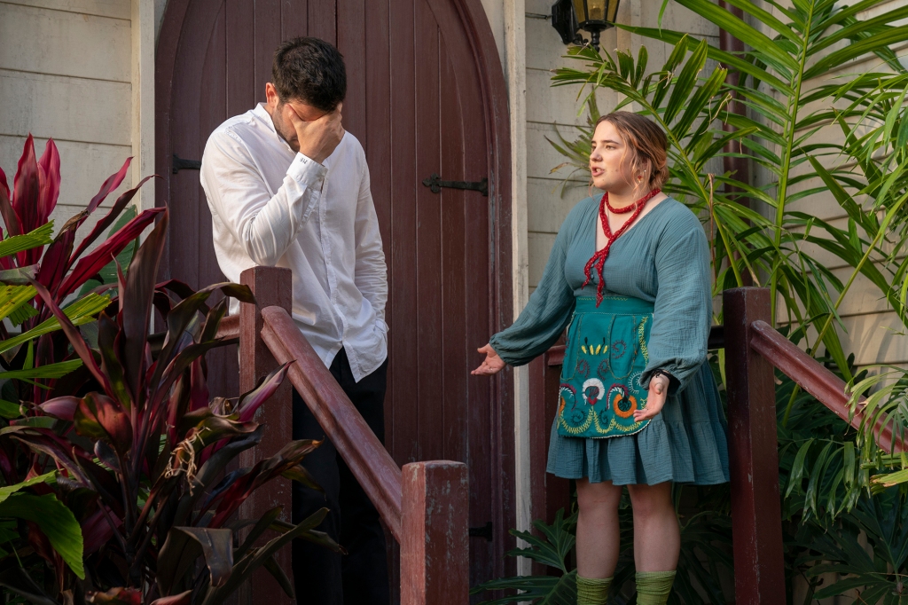 Colin Donnell as Mack/Paulo, Tegan Stimson as Daisy in "Irreverent" standing outside a church arguing. 
