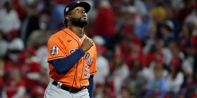 Cristian Javier #53 of the Houston Astros reacts after the end of the fifth inning against the Philadelphia Phillies in Game Four of the 2022 World Series at Citizens Bank Park on November 02, 2022 in Philadelphia, Pennsylvania. 