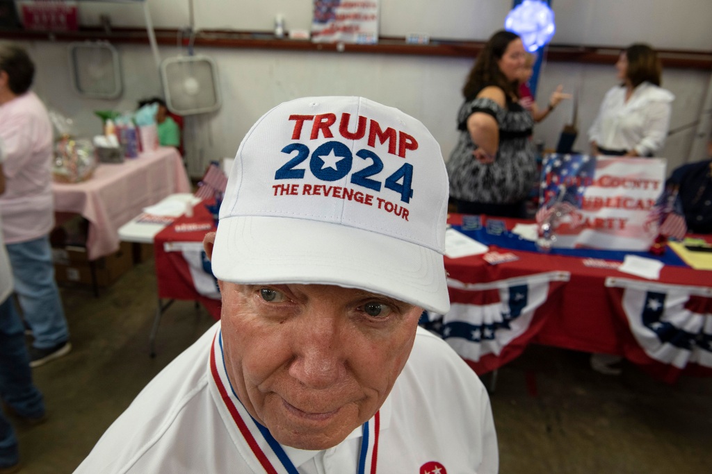 A supporter of former President Donald Trump wears a 2024 hat during a rally in Rome, Ga., in October 2021.