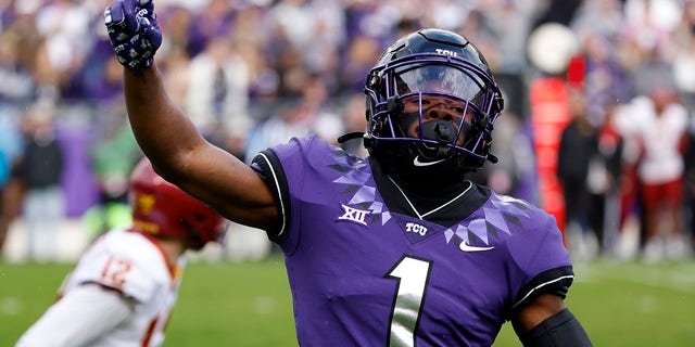 Cornerback Tre'Vius Hodges-Tomlinson #1 of the TCU Horned Frogs reacts after sacking quarterback Hunter Dekkers #12 of the Iowa State Cyclones during the first half at Amon G. Carter Stadium on November 26, 2022 in Fort Worth, Texas. 