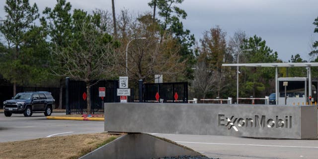 An entrance to the ExxonMobil Spring campus is seen on February 01, 2022, in Houston, Texas.