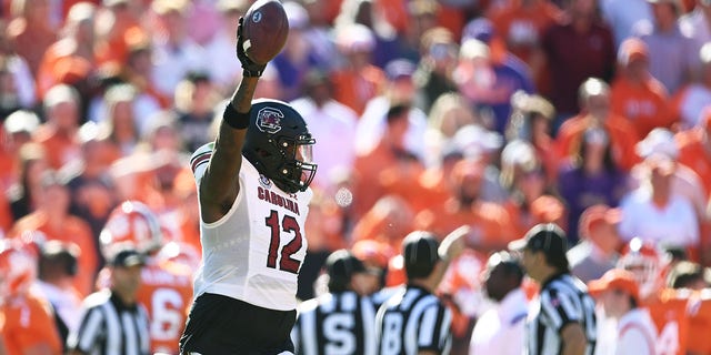 Anthony Rose, #12 of the South Carolina Gamecocks, celebrates recovering a Clemson Tigers second-quarter fumble at Memorial Stadium on November 26, 2022, in Clemson, South Carolina. 