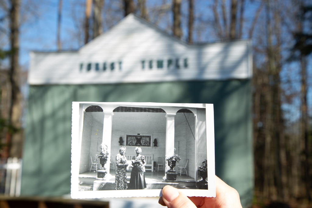 Rikki Schlott's great-grandmother, Bertha Krech (left) with an unknown person at Forest Temple, the town’s outdoor worship spot.