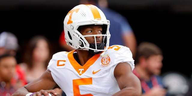 Hendon Hooker of the Tennessee Volunteers warms up prior to the game against the Georgia Bulldogs at Sanford Stadium on Nov. 5, 2022, in Athens, Georgia.