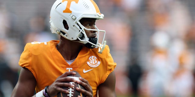 Hendon Hooker of the Tennessee Volunteers is shown before the game against the Missouri Tigers at Neyland Stadium on Nov. 12, 2022, in Knoxville, Tennessee.