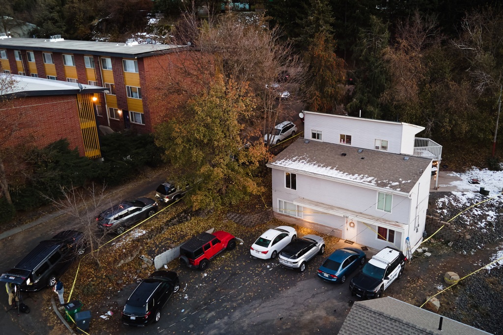 General view of the off-campus home where four University of Idaho students were stabbed to death.