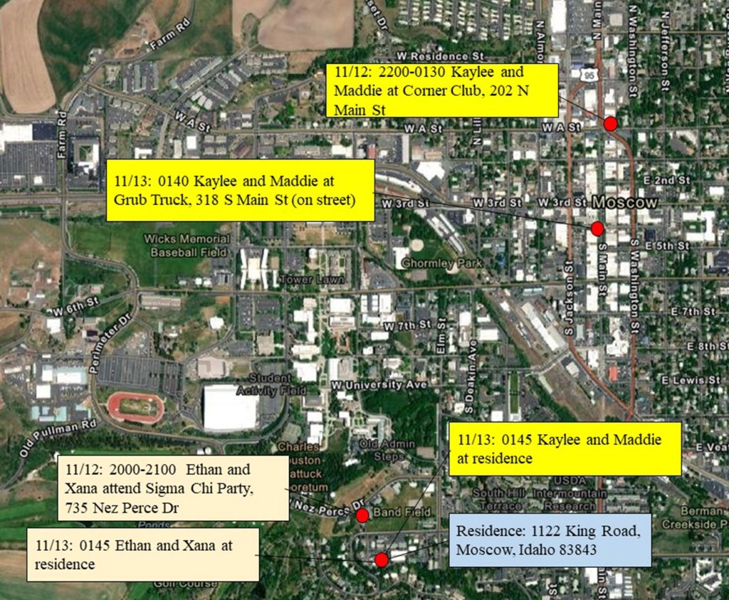 Idaho police's map of the victims' final movements on Sunday morning.