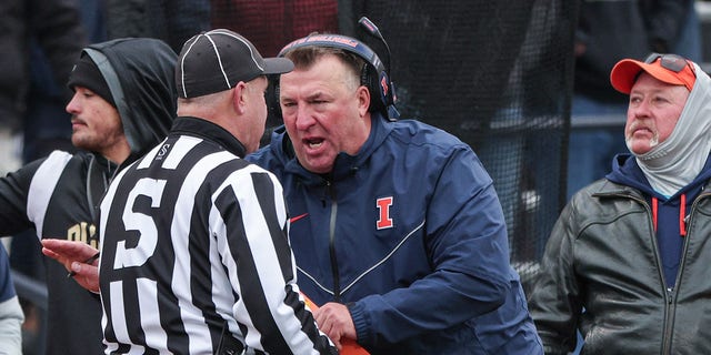 Head coach Bret Bielema of the Illinois Fighting Illini protests a call during a game against the Purdue Boilermakers at Memorial Stadium Nov. 12, 2022, in Champaign, Ill. 