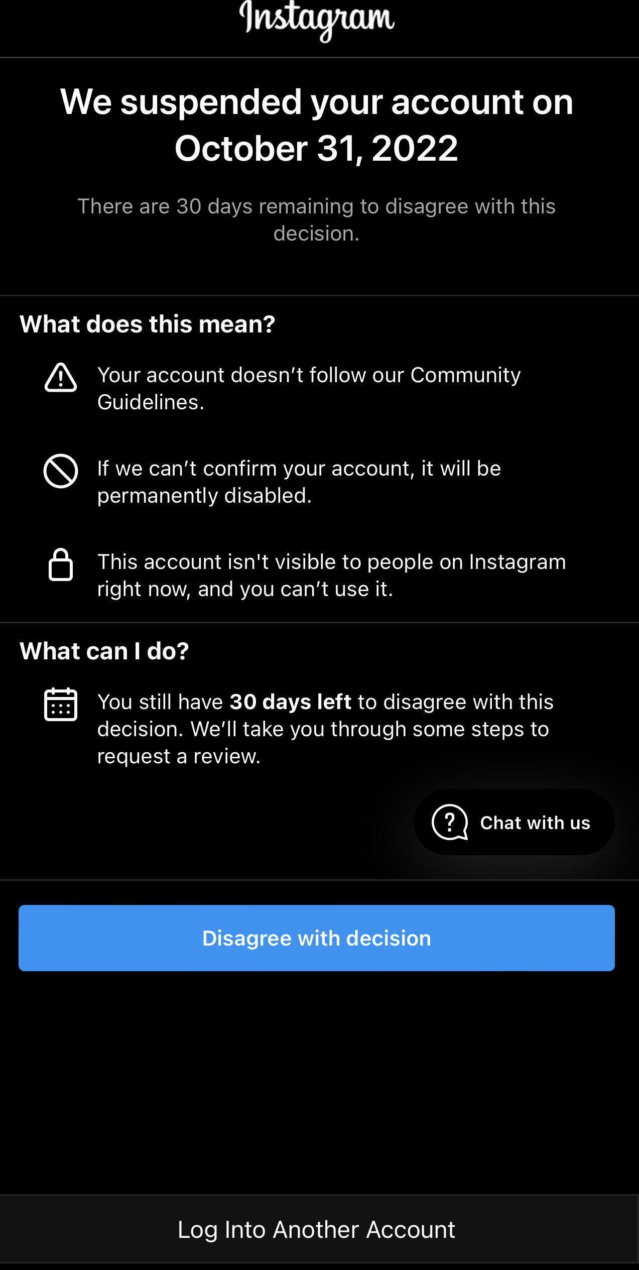 Instagram suspended account notice