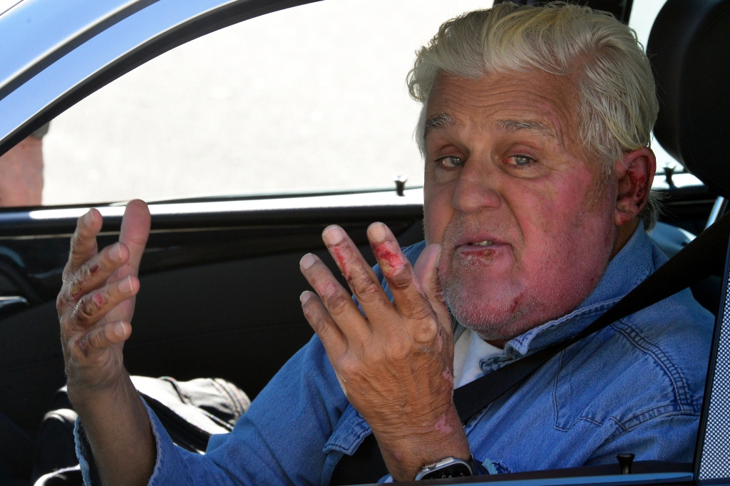 Jay Leno was spotted arriving at his car garage in Burbank, California, on Tuesday.