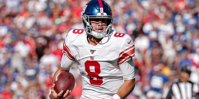 Daniel Jones of the New York Giants runs for the first rushing touchdown of his career during a game against the Tampa Bay Buccaneers at Raymond James Stadium on Sept. 22, 2019, in Tampa, Florida.