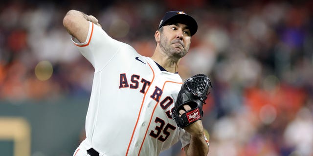 Justin Verlander #35 of the Houston Astros pitches in the fourth inning against the Philadelphia Phillies in Game One of the 2022 World Series at Minute Maid Park on October 28, 2022 in Houston, Texas.