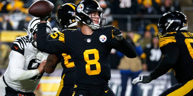 Kenny Pickett of the Pittsburgh Steelers attempts a pass during the third quarter against the Cincinnati Bengals at Acrisure Stadium on Nov. 20, 2022, in Pittsburgh.