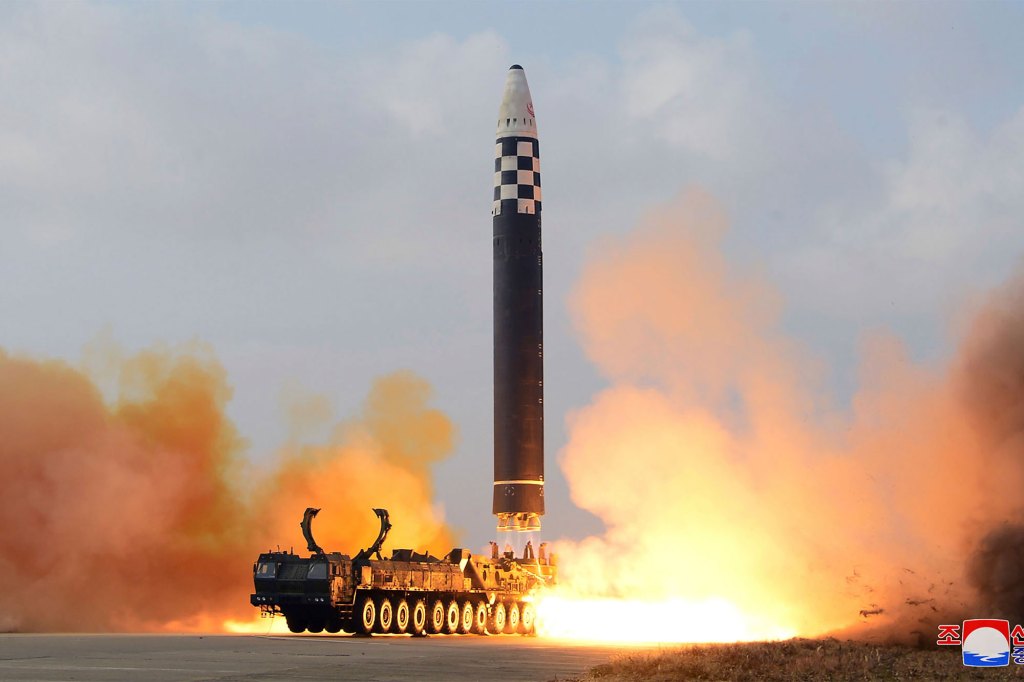 A test-firing of a missile at Pyongyang International Airport in Pyongyang, North Korea on Nov. 18, 2022.