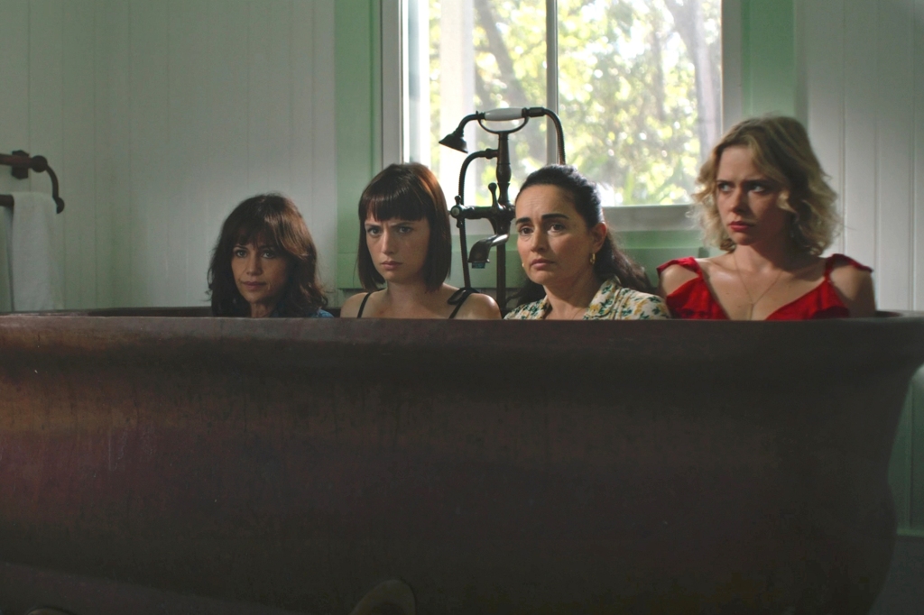 Carla Gugino as Alba, Gaite Jansen as Batty, Ana De La Reguera as Inocencia, Amelia Eve as Maru in "Leopard Skin" all hide and crouch. 