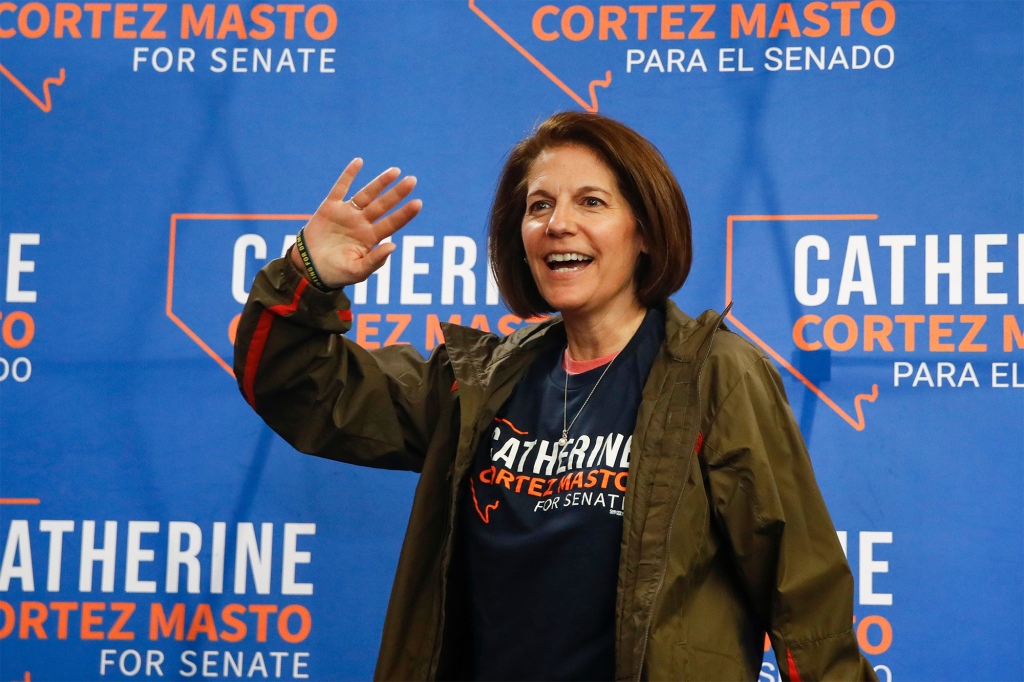 Mandatory Credit: Photo by CAROLINE BREHMAN/EPA-EFE/Shutterstock (13613044e)
 Democratic Senator from Nevada Catherine Cortez Masto arrives during a canvass kickoff event in Henderson, Nevada, USA, 07 November 2022. The US midterm elections are held every four years at the midpoint of each presidential term and this year include elections for all 435 seats in the House of Representatives, 35 of the 100 seats in the Senate and 36 of the 50 state governors as well as numerous other local seats and ballot issues.
 Rally for Democratic candidate for Senate, Catherine Cortez Masto in Las Vegas, Nevada, Henderson, USA - 07 Nov 2022
Rally for Democratic candidate for Senate, Catherine Cortez Masto in Las Vegas, Nevada, Henderson, USA - 07 Nov 2022