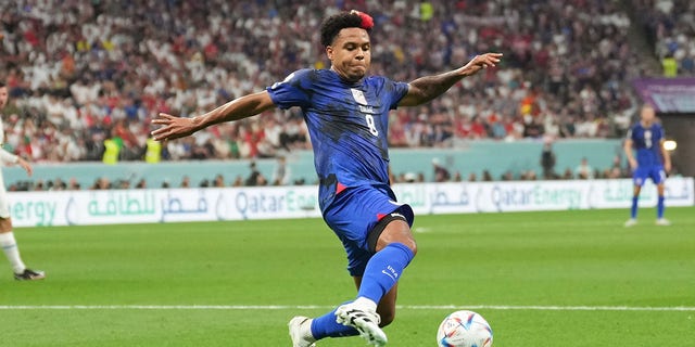 Weston McKennie of the U.S. plays the ball during a FIFA World Cup Qatar 2022 Group B match against England at Al Bayt Stadium Nov. 25, 2022, in Al Khor, Qatar. 