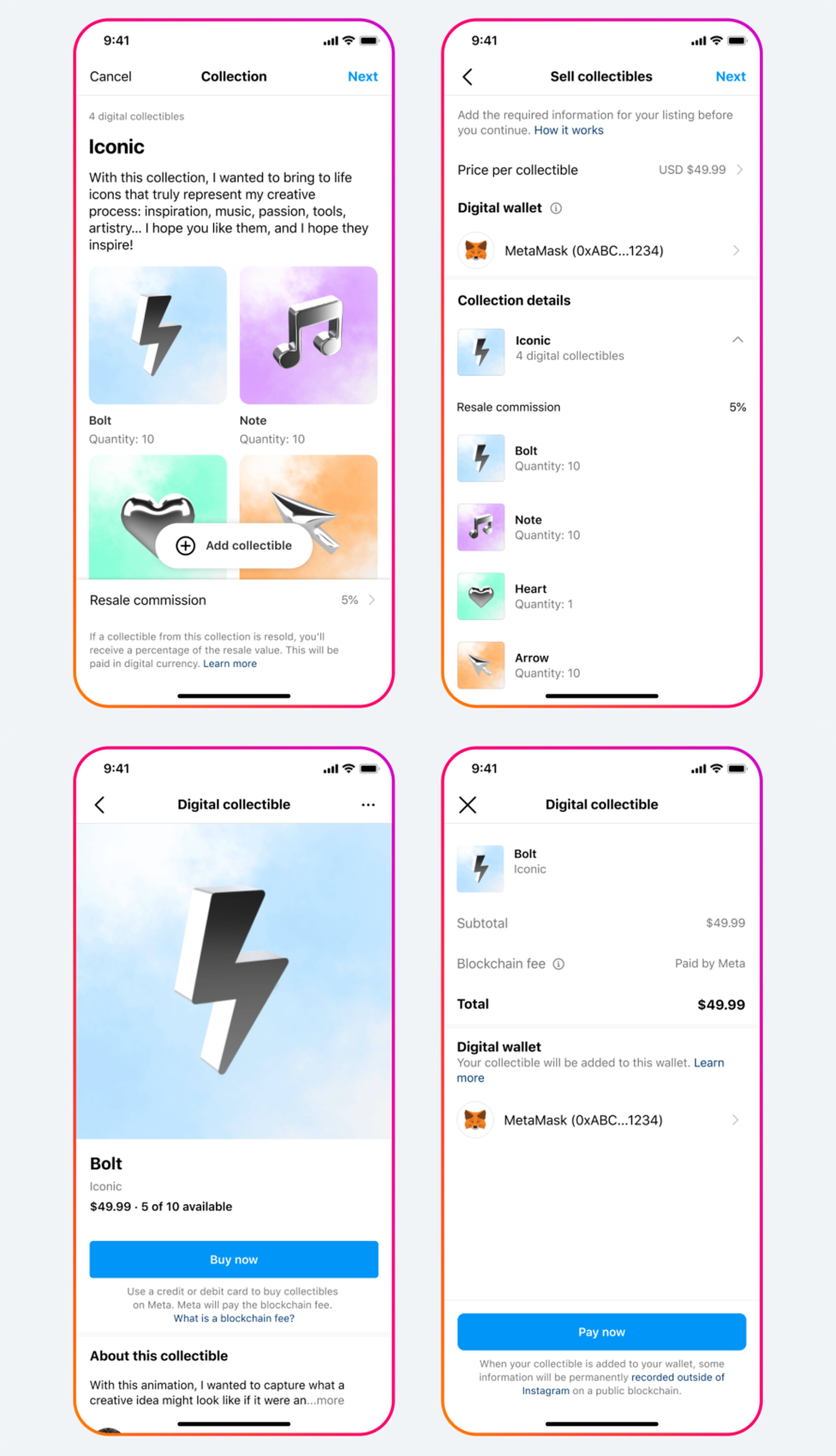 Four screenshots showing the process of listing, selling, and buying “collectibles” on Instagram.