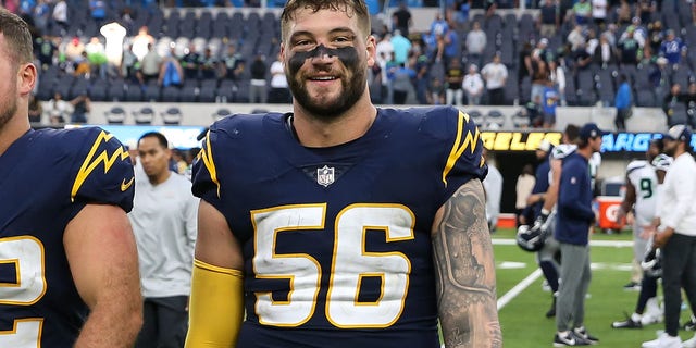 Los Angeles Chargers defensive end Morgan Fox (56) during a game Oct. 23, 2022, at SoFi Stadium in Inglewood, Calif. 