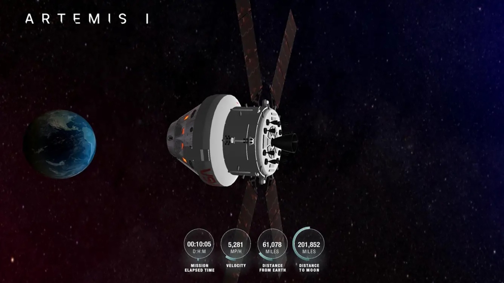 A screenshot of NASA's Orion tracking website showing the position of the spacecraft compared to Earth and the moon.