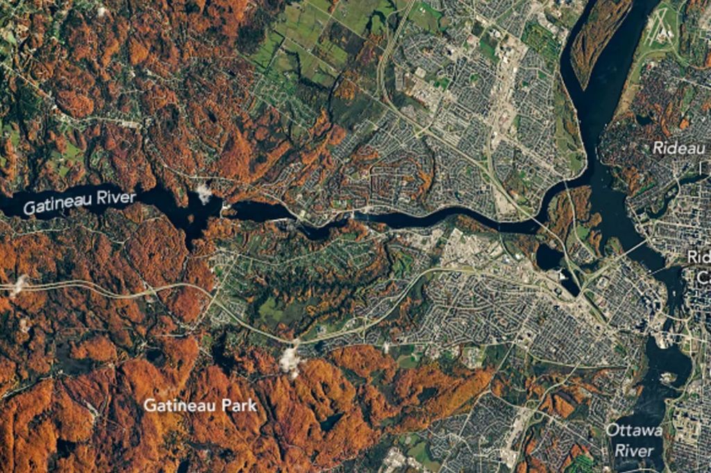 An astronaut onboard the International Space Station shot this photo of peak fall colors around Ottawa on Oct. 14, 2020 

