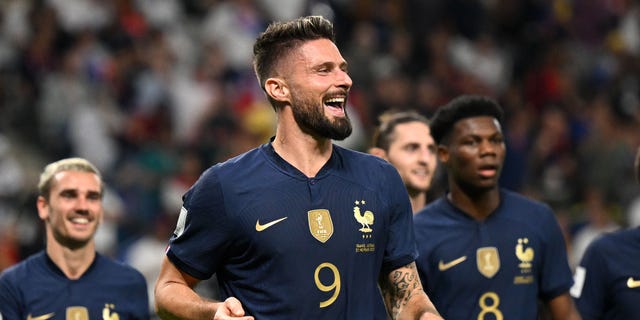 Olivier Giroud of France celebrates after scoring his team's fourth goal during a FIFA World Cup Qatar 2022 Group D match between France and Australia at Al Janoub Stadium Nov. 22, 2022, in Al Wakrah, Qatar.