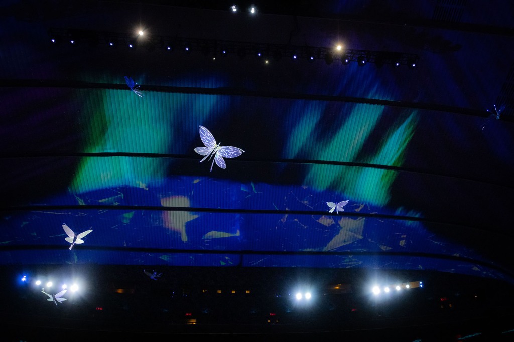 The frost fairy drones join the Rockettes during the performance. 