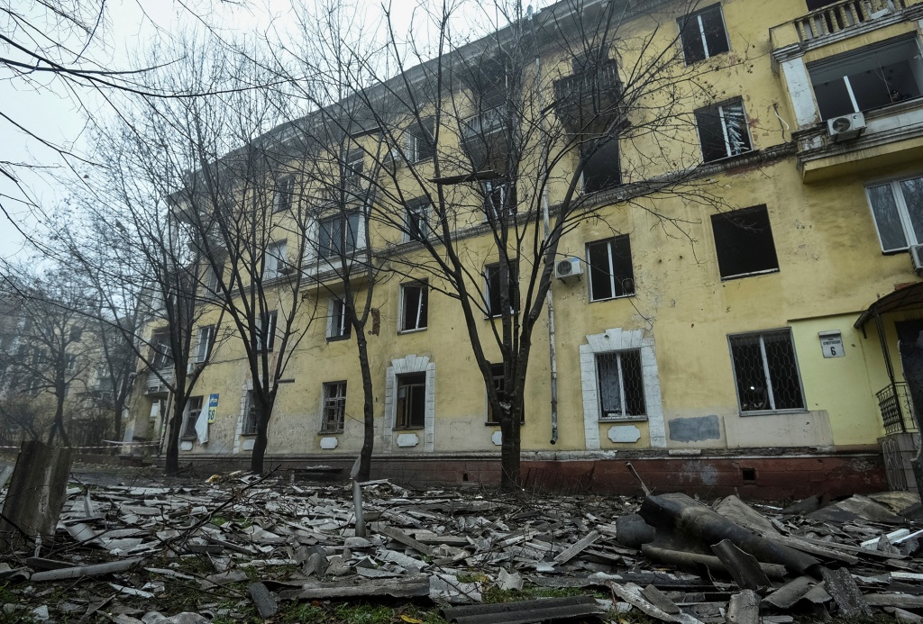 A view shows an apartment building destroyed by a Russian military strike in Dnipro. 