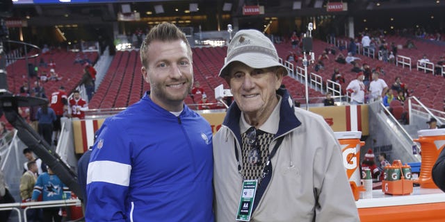 Head Coach Sean McVay of the Los Angeles Rams stands on the sideline with his grandfather John McVay before the game against the San Francisco 49ers at Levi's Stadium on Dec. 21, 2019 in Santa Clara, Calif.