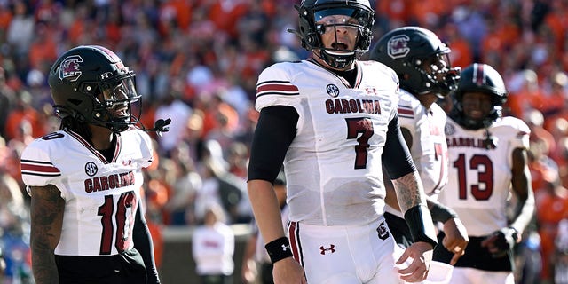 Spencer Rattler, #7 of the South Carolina Gamecocks, celebrates a second-quarter touchdown against the Clemson Tigers at Memorial Stadium on November 26, 2022, in Clemson, South Carolina. 