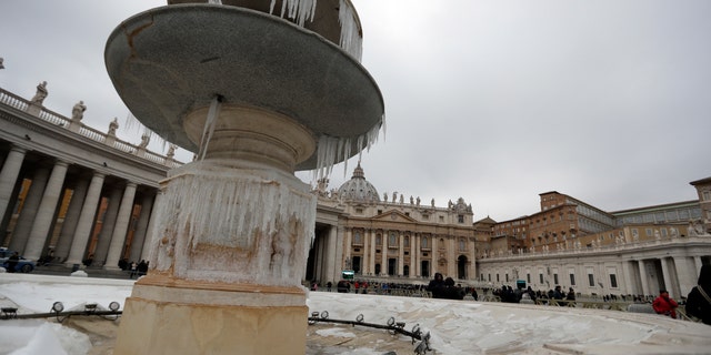 Icicles adorn one of the fountains in St. Peter's Square at the Vatican.