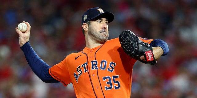 Justin Verlander #35 of the Houston Astros delivers a pitch against the Philadelphia Phillies during the second inning in Game Five of the 2022 World Series at Citizens Bank Park on November 03, 2022 in Philadelphia, Pennsylvania. 