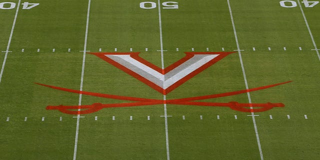 The Virginia Cavaliers' logo on the field at Scott Stadium in Charlottesville, Va., Oct. 8, 2022.