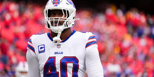 Von Miller, #40, of the Buffalo Bills, warms up against the Kansas City Chiefs at GEHA Field at Arrowhead Stadium on October 16, 2022, in Kansas City, Missouri. 