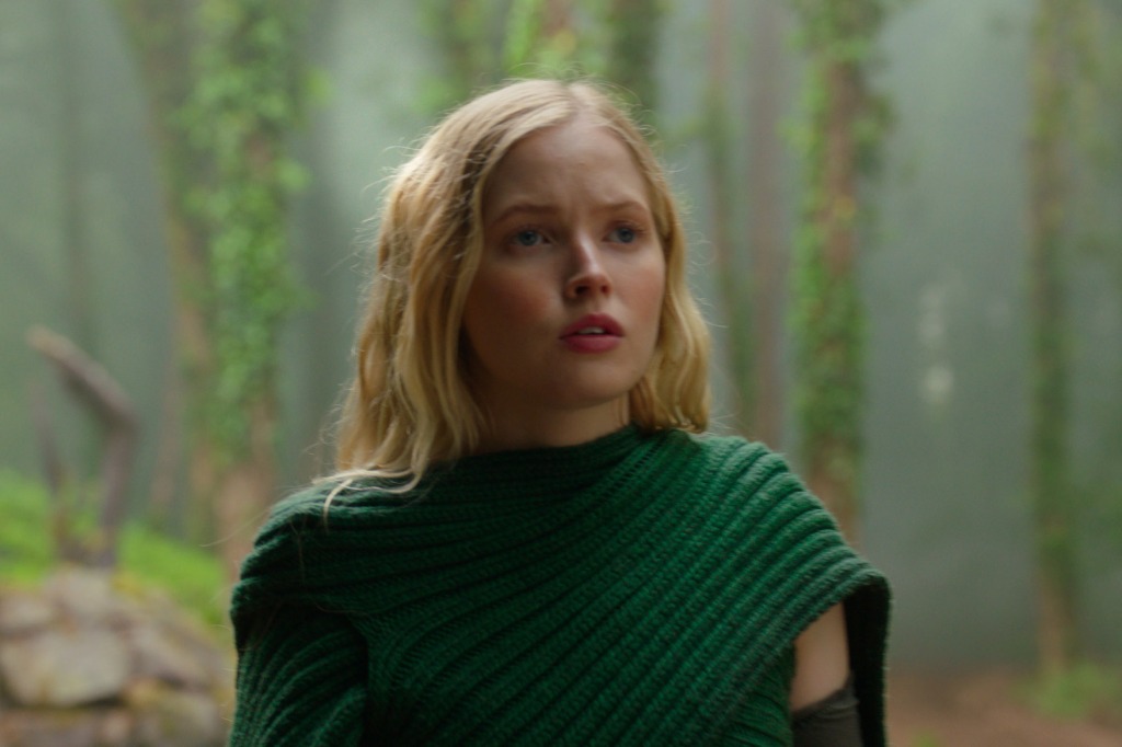 Dove (Ellie Bamber) in "Willow" looking concerned. 