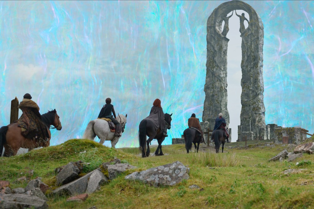 Graydon (Tony Revolori), Kit (Ruby Cruz), Jade (Erin Kellyman), Boorman (Amar Chadha-Patel) and Dove (Ellie Bamber) ride horses through a stone archway in "Willow." 