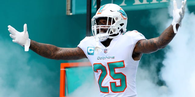 Xavien Howard #25 of the Miami Dolphins is introduced prior to playing the Buffalo Bills at Hard Rock Stadium on Sept. 25, 2022 in Miami Gardens, Fla.