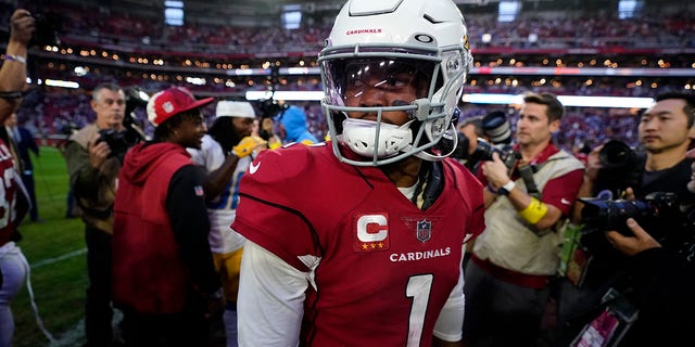 Arizona Cardinals quarterback Kyler Murray walks off the field after losing to the Los Angeles Chargers, Nov. 27, 2022, in Glendale, Arizona.