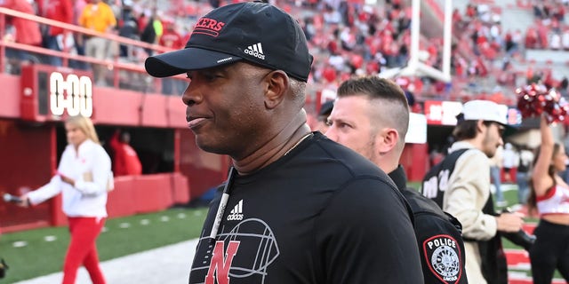 Interim head coach Mickey Joseph of the Nebraska Cornhuskers walks off the field after the game against the Illinois Fighting Illini at Memorial Stadium on October 29, 2022, in Lincoln, Nebraska. 